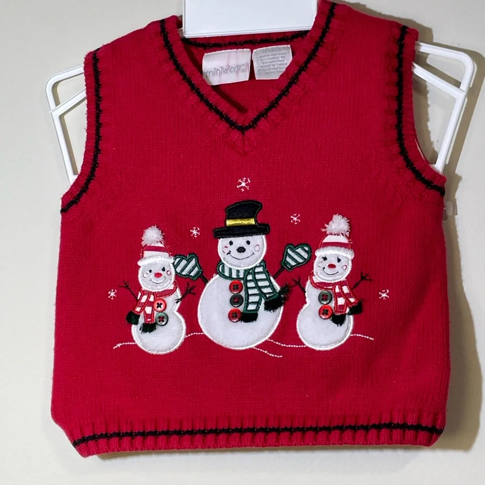 MiniWear Infant Boys 12 Month CHRISTMAS‎ RED SWEATER Vest W/Snowman Patch Cotton